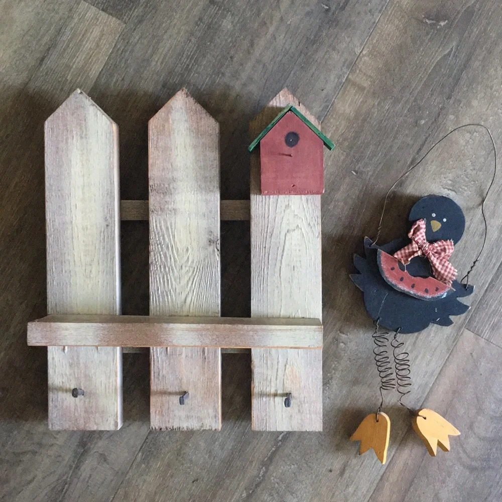 Wooden Pickett Fence Bird House Wall Art Key Holder Shelf Home Decor